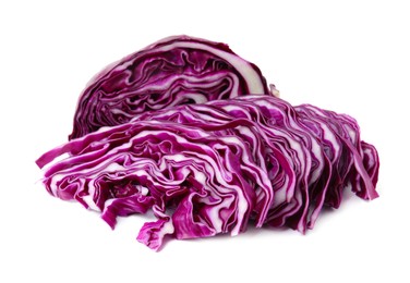 Photo of Cut and shredded red cabbage isolated on white