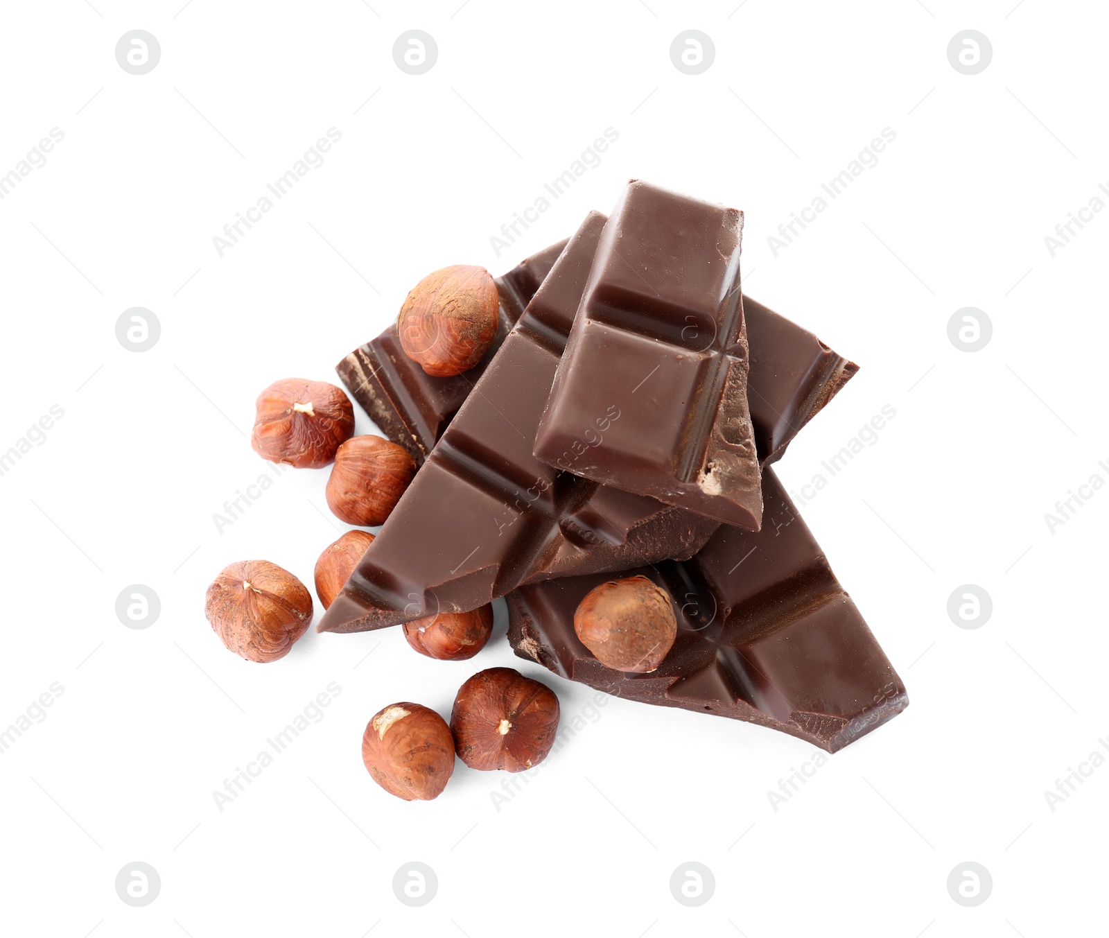 Photo of Delicious black chocolate with nuts on white background