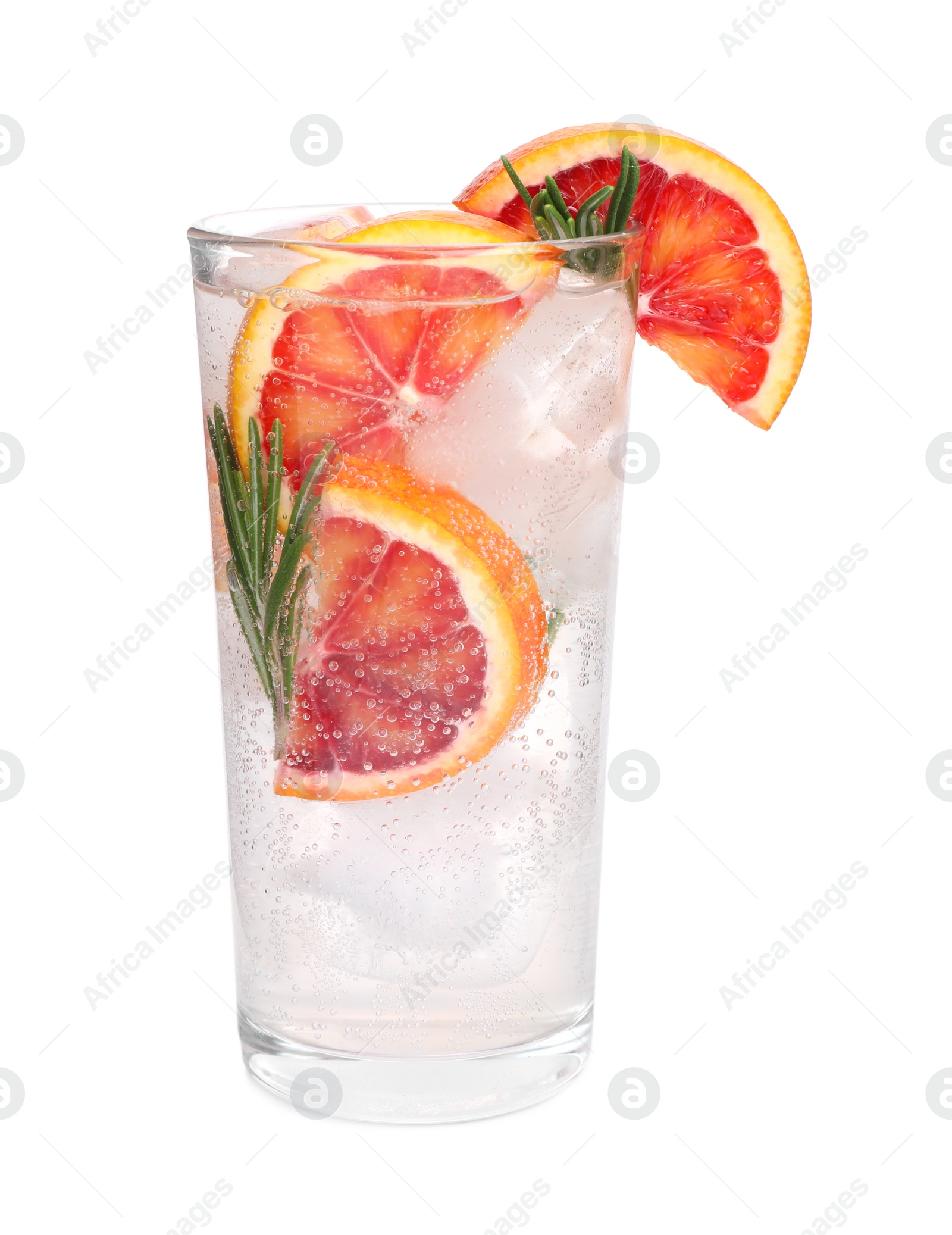 Photo of Delicious refreshing drink with sicilian orange, fresh rosemary and ice cubes in glass isolated on white