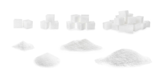 Image of Set with refined sugar on white background. Banner design