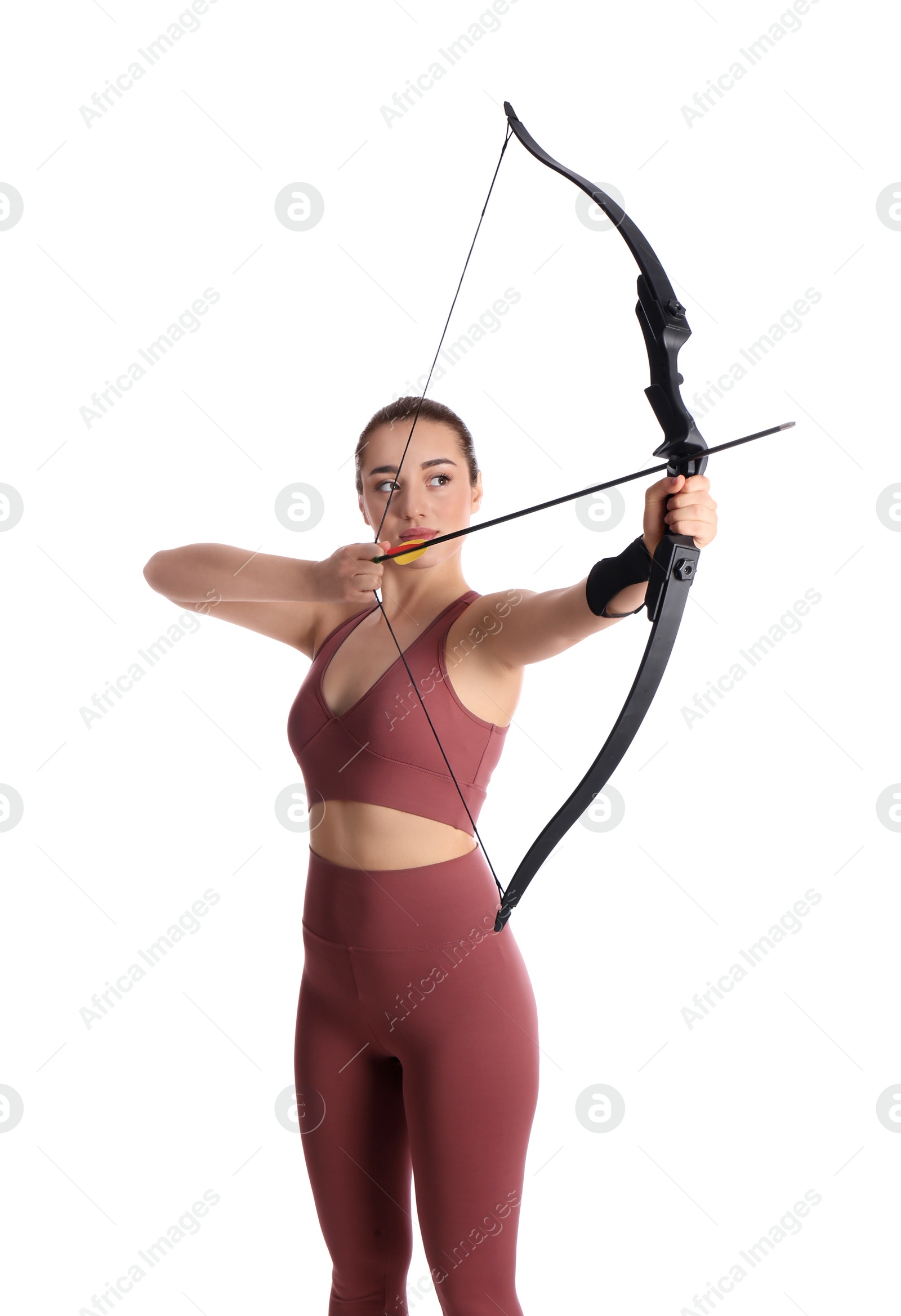 Photo of Woman with bow and arrow practicing archery on white background