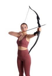 Woman with bow and arrow practicing archery on white background