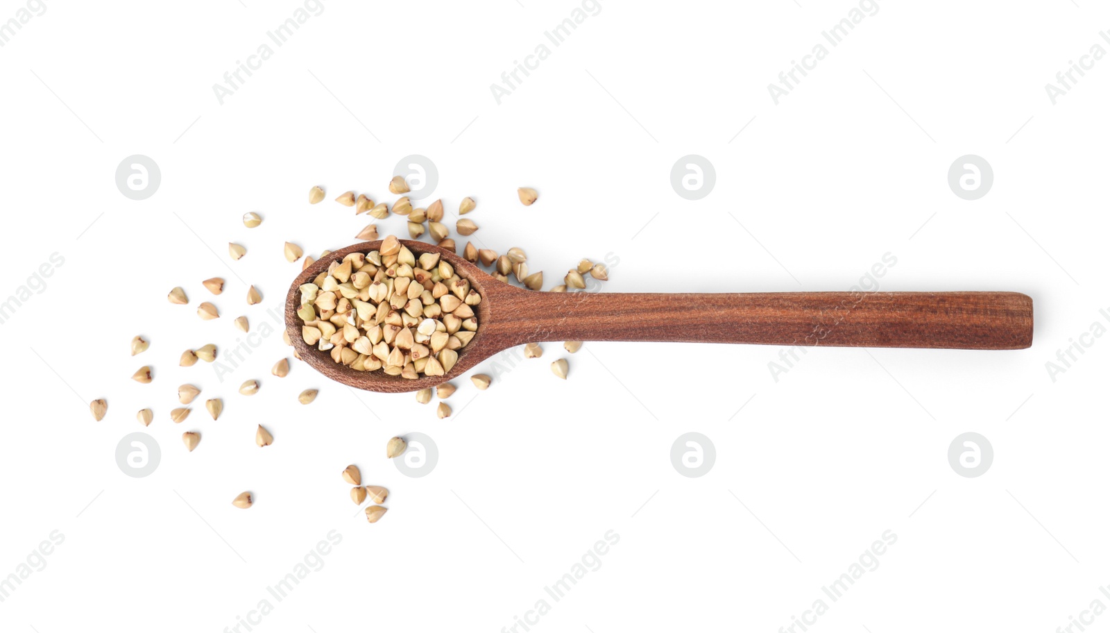 Photo of Uncooked green buckwheat grains in spoon isolated on white, top view