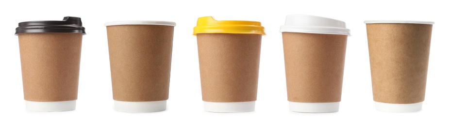 Image of Set with different paper coffee cups on white background, banner design 