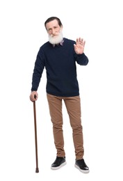 Photo of Senior man with walking cane waving on white background