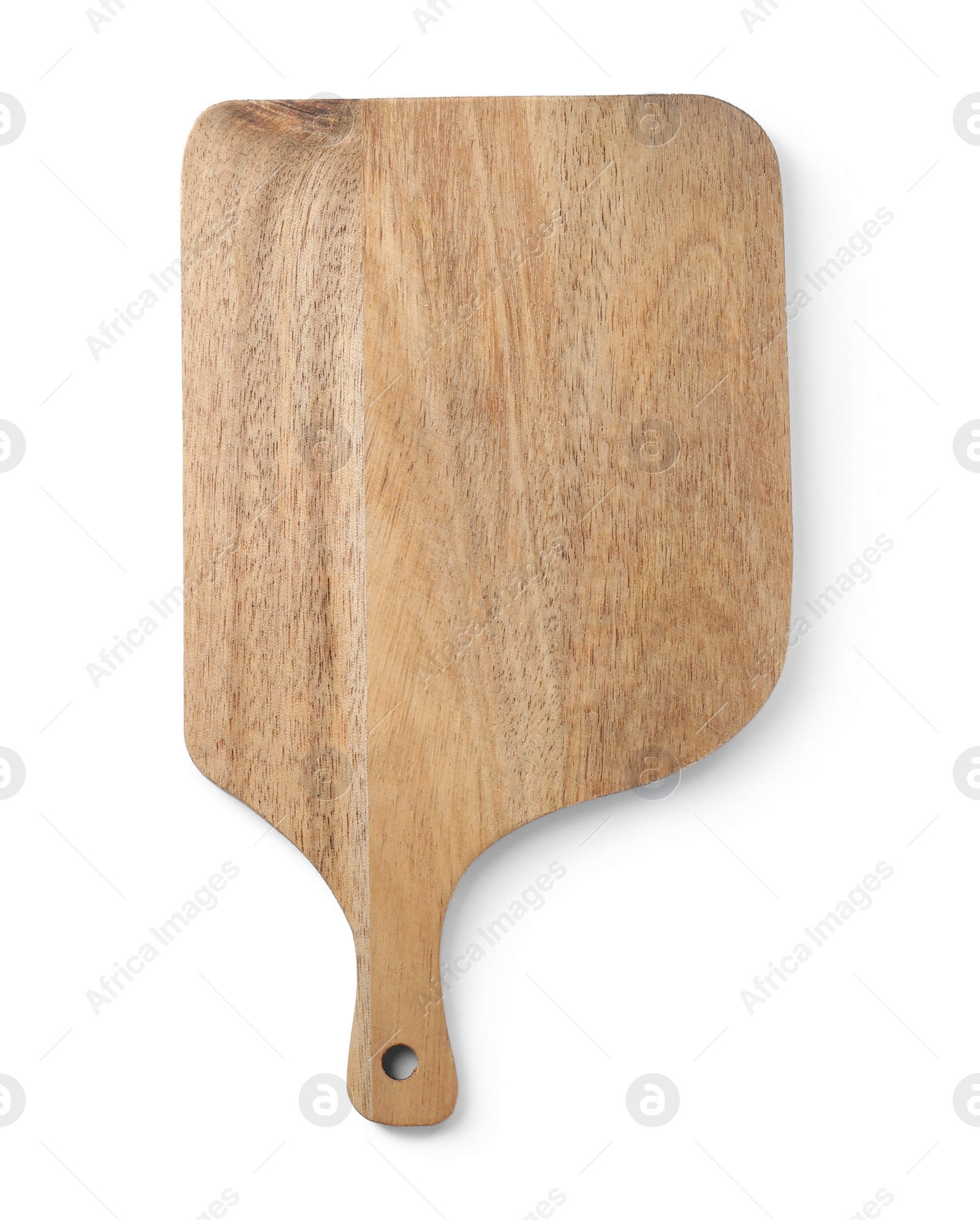 Photo of One wooden cutting board on white background, top view