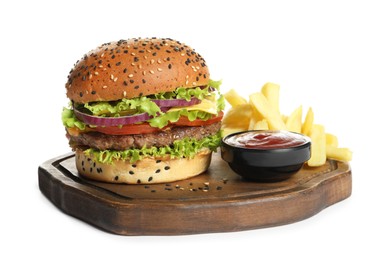 Photo of Burger with delicious patty, french fries and sauce isolated on white