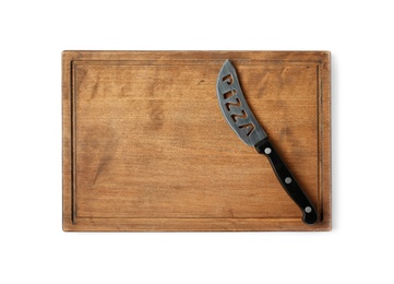 Pizza knife with wooden board isolated on white, top view