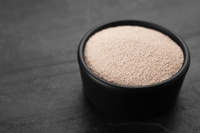 Bowl of active dry yeast on black table, closeup. Space for text