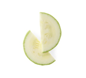 Photo of Slices of ripe zucchini on white background, top view