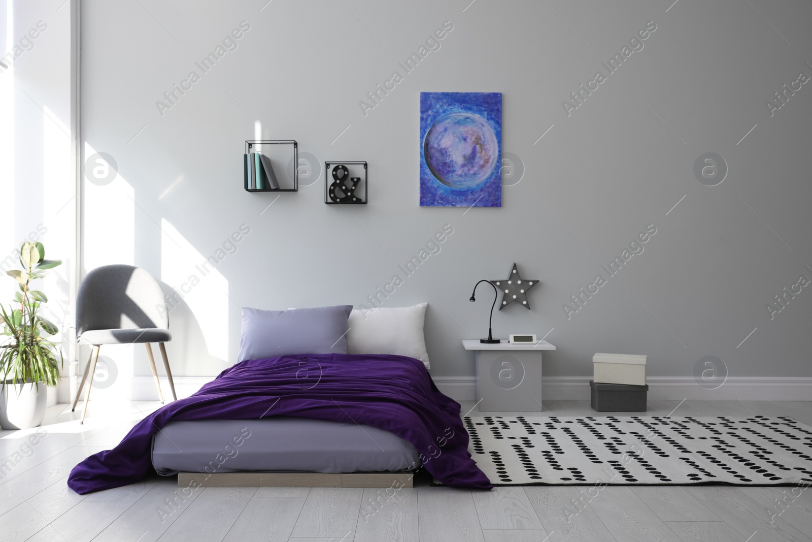 Photo of Modern teenager's room interior with comfortable bed and stylish design elements