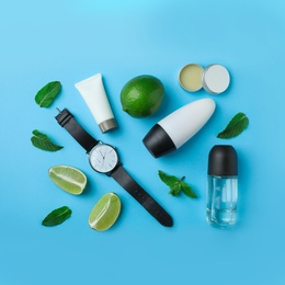 Photo of Flat lay composition with natural male  deodorants on light blue background