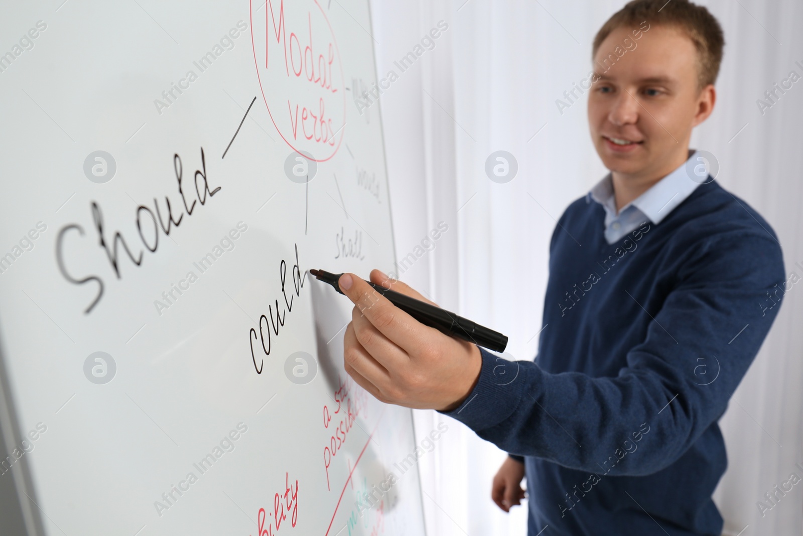 Photo of English teacher giving lesson on modal verbs near whiteboard in classroom