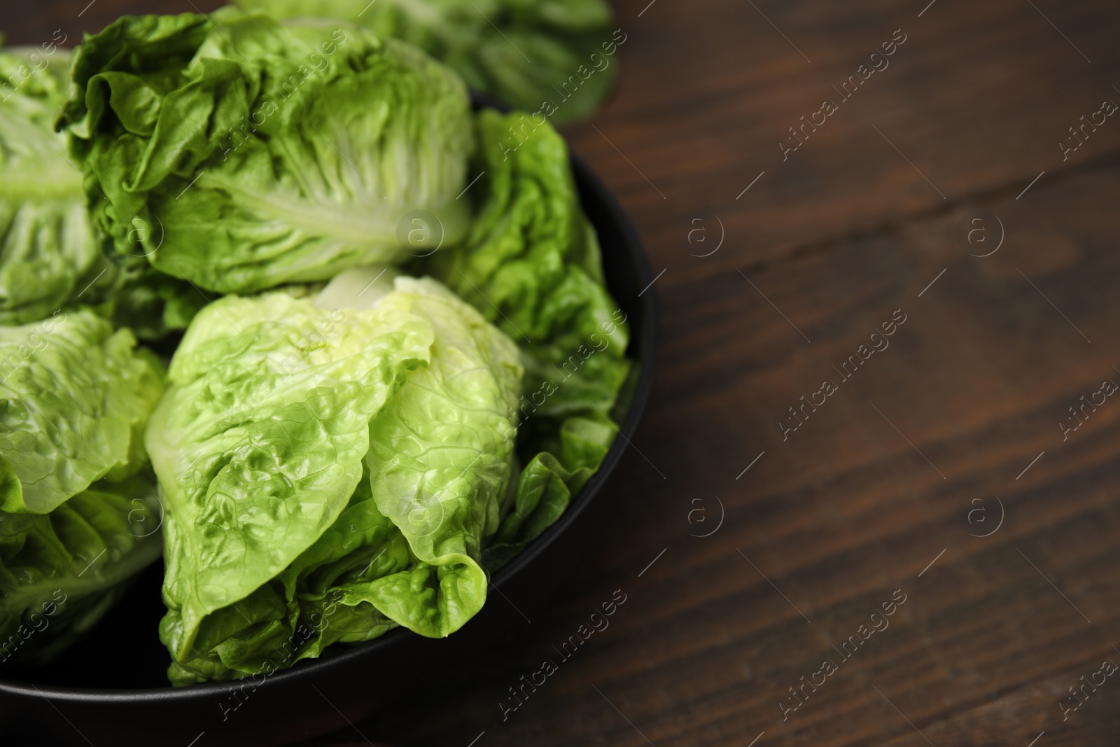 Photo of Bowl of fresh green romaine lettuces on wooden table, closeup. Space for text