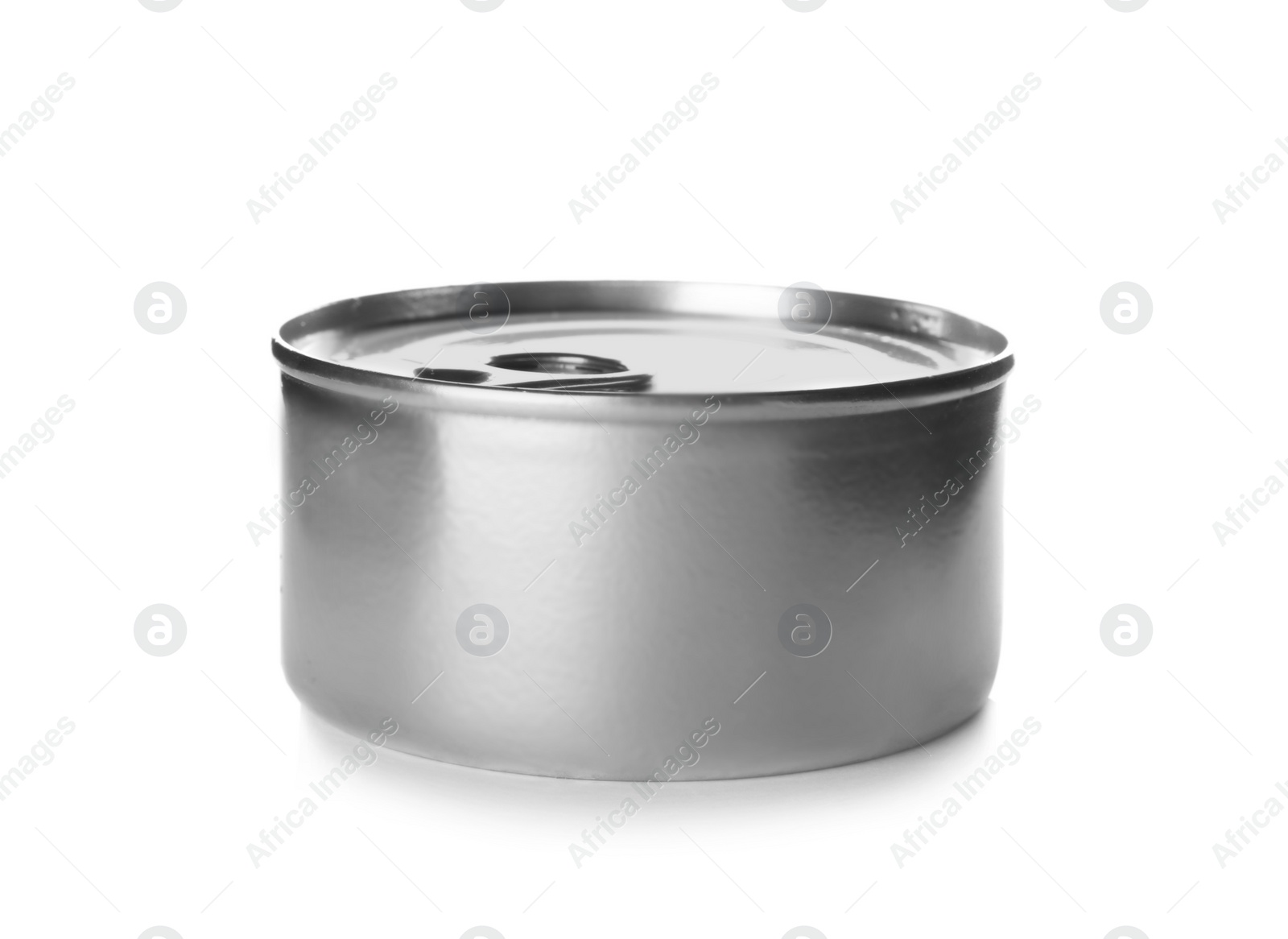 Photo of Mockup of tin can with food on white background