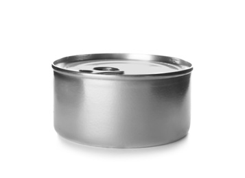 Mockup of tin can with food on white background