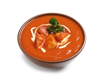 Photo of Bowl of delicious butter chicken on white background. Traditional indian Murgh Makhani