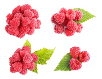 Image of Set with delicious ripe raspberries on white background