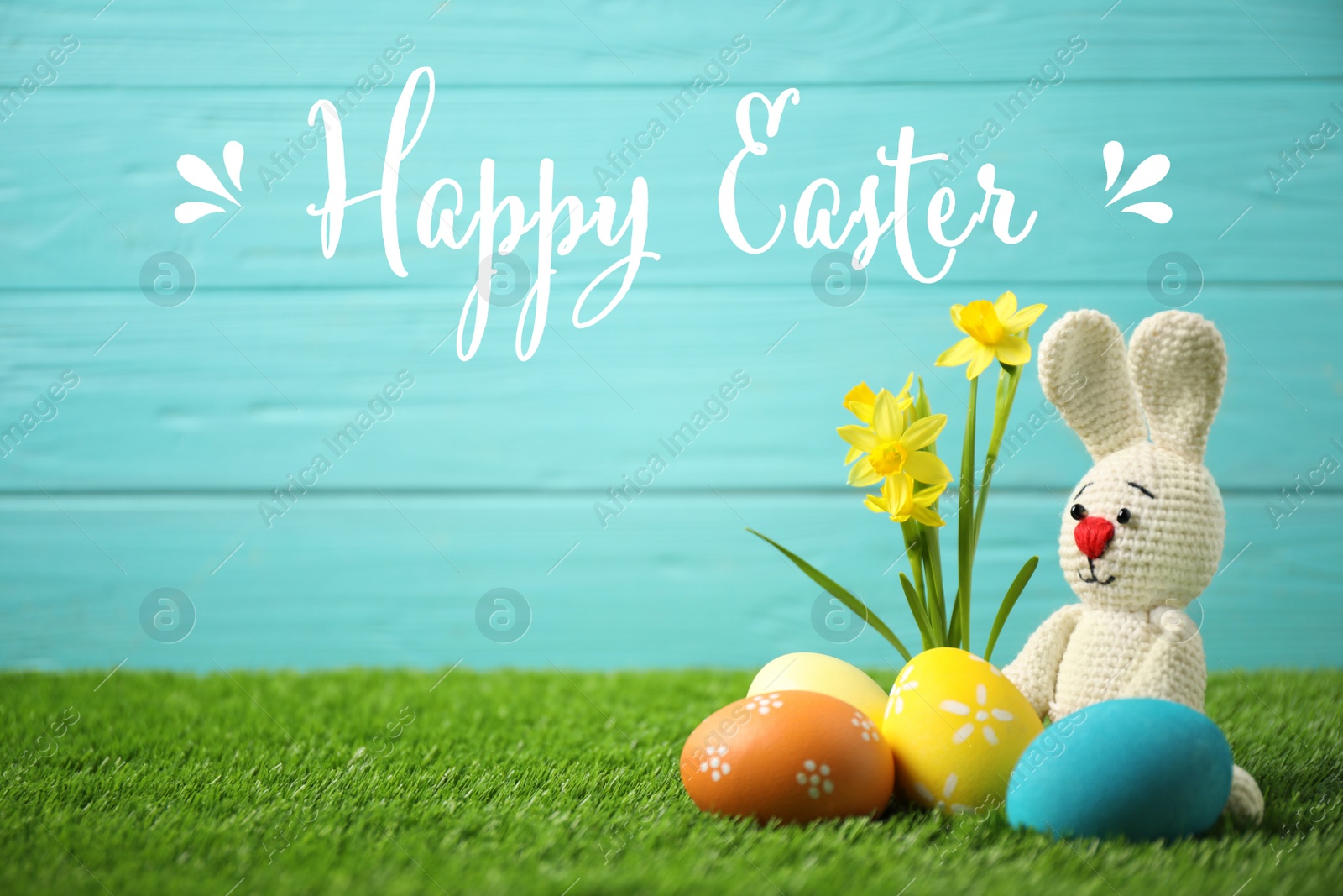 Image of Composition with text Happy Easter and eggs on light blue background