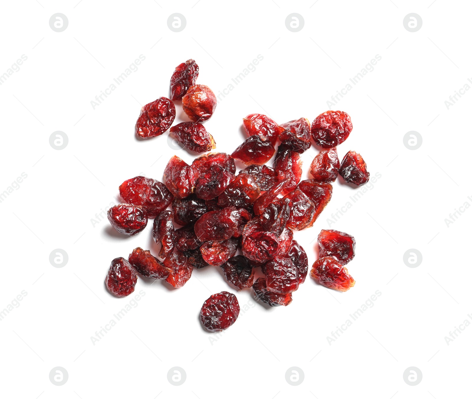 Photo of Cranberries on white background, top view. Dried fruit as healthy snack