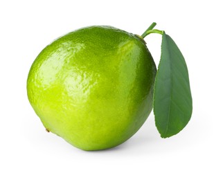 Photo of Fresh green ripe lime with leaf isolated on white