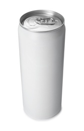 Empty aluminum can with beverage on white background. Mockup for design