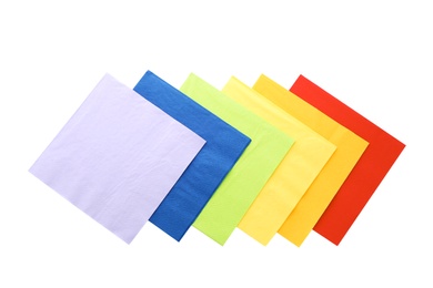 Photo of Colorful paper napkins on white background, top view