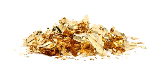 Photo of Pile of edible gold leaf on white background