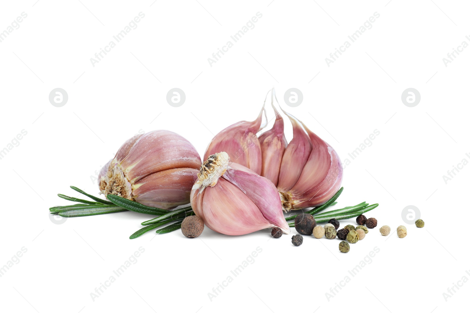 Photo of Fresh garlic, peppercorns and rosemary isolated on white