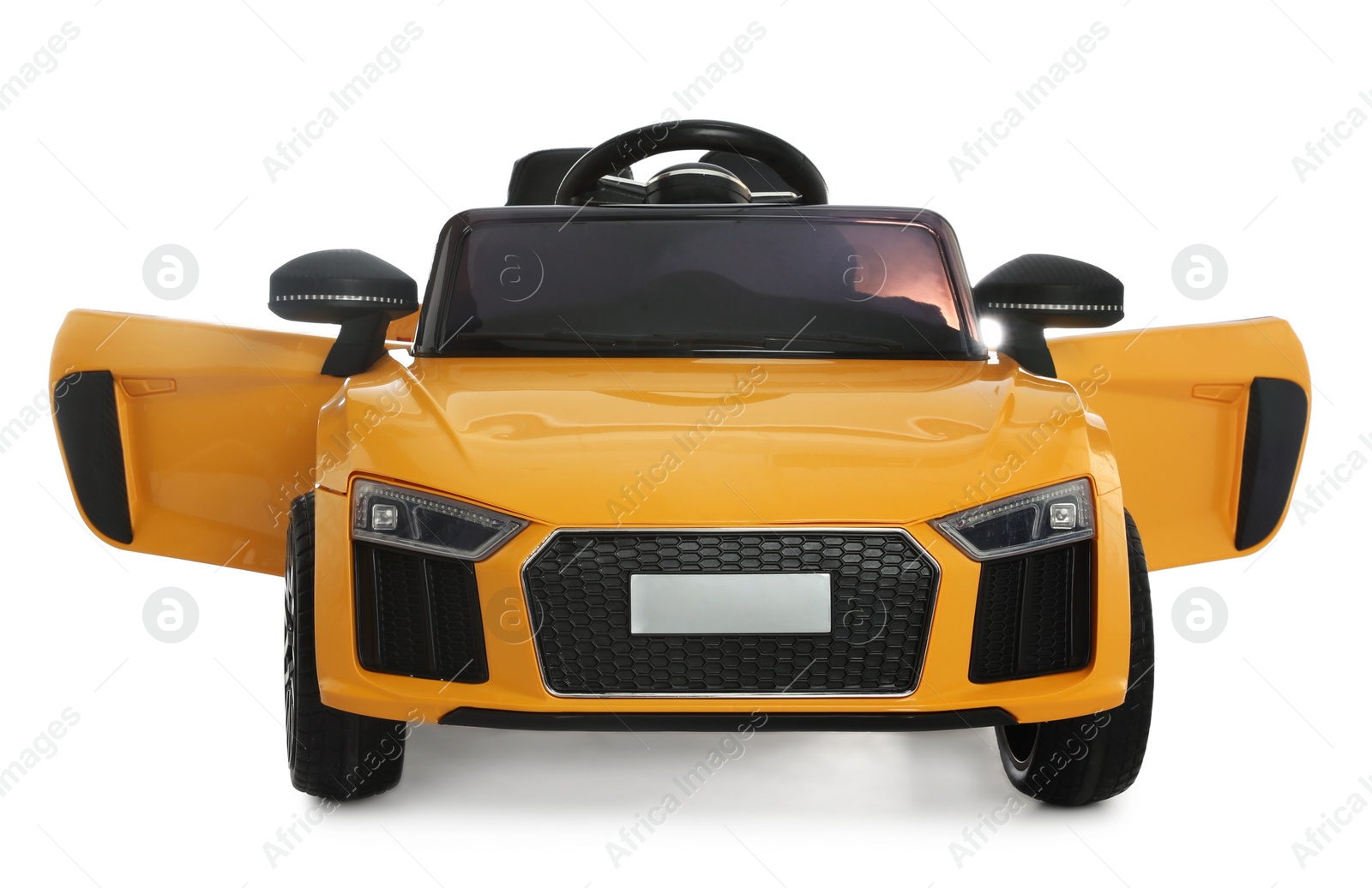 Photo of Yellow car isolated on white. Child's toy