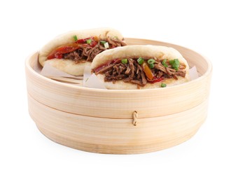 Delicious gua bao in bamboo steamer isolated on white