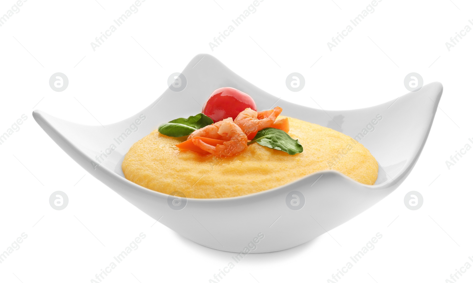 Photo of Plate with fresh tasty shrimp and grits on white background