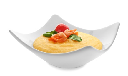 Plate with fresh tasty shrimp and grits on white background