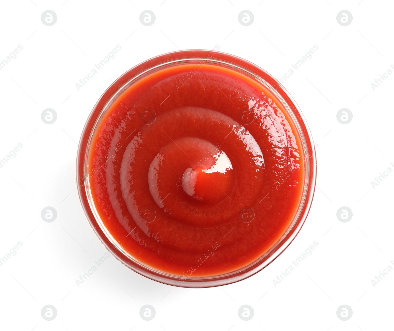 Photo of Delicious tomato sauce in bowl on white background, top view