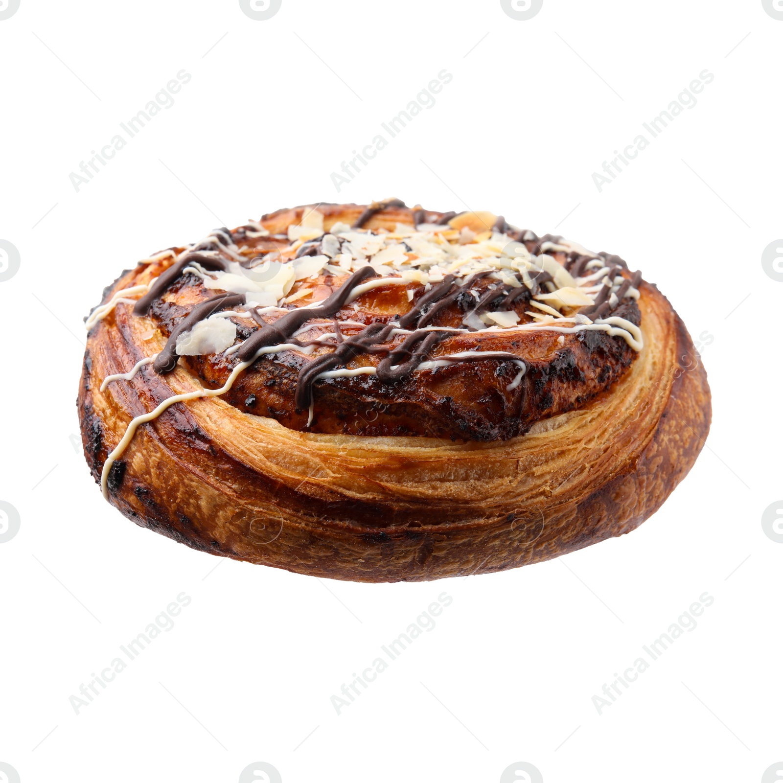 Photo of One delicious roll with almond flakes and topping isolated on white. Sweet bun