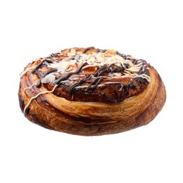 One delicious roll with almond flakes and topping isolated on white. Sweet bun