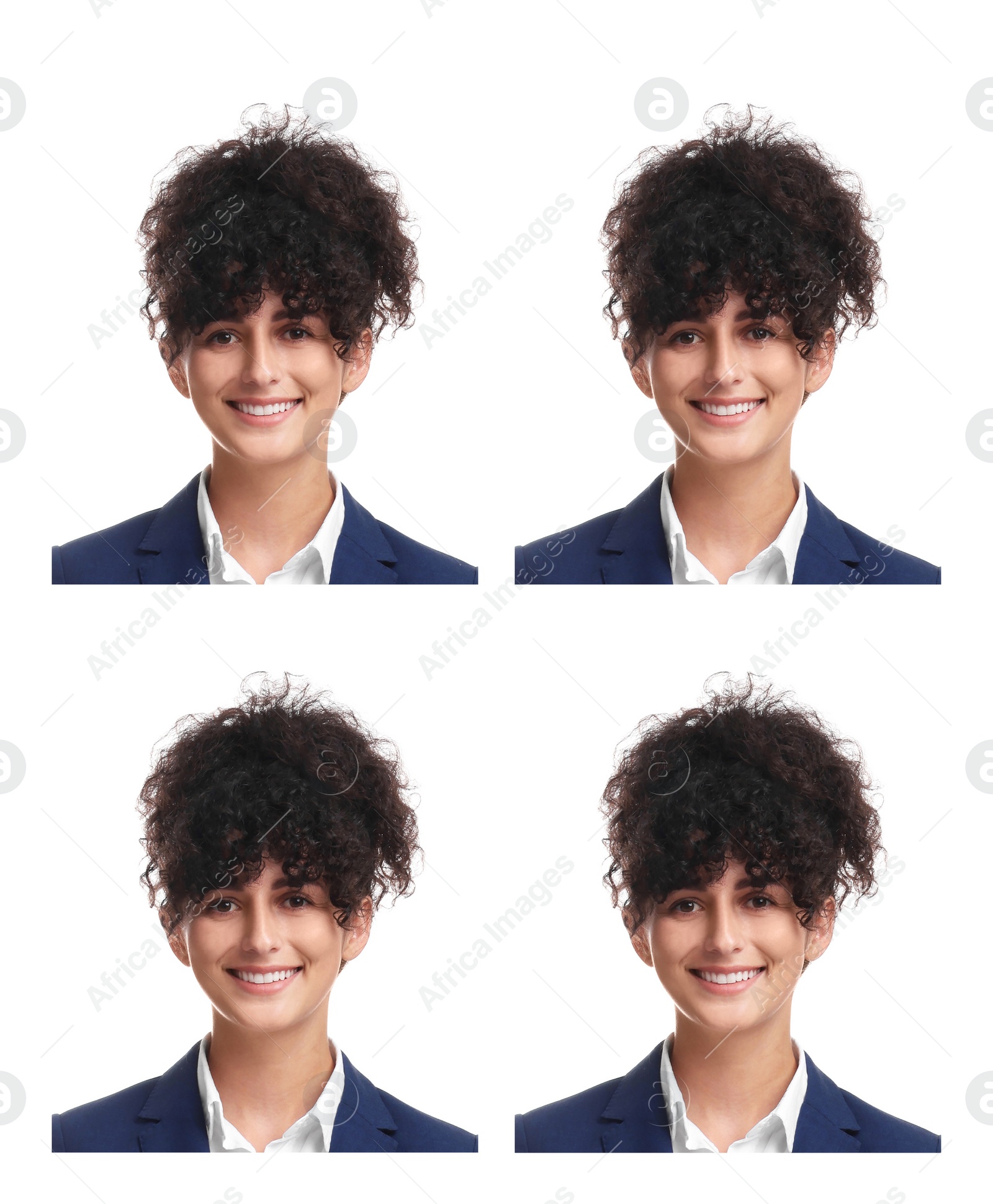 Image of Passport photo, collage. Woman on white background, set of photos