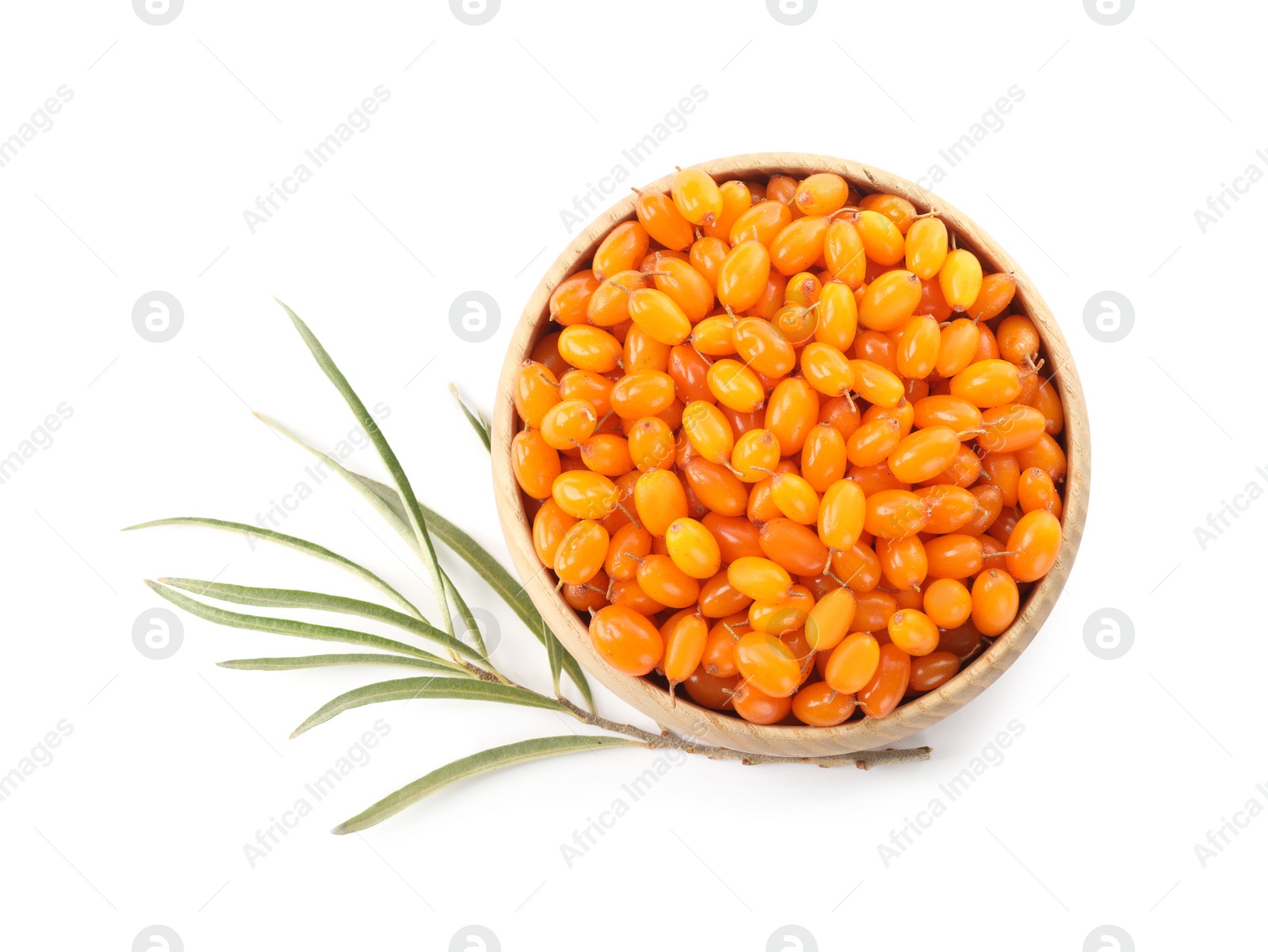 Photo of Fresh ripe sea buckthorn berries in bowl on white background, top view