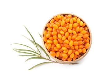 Fresh ripe sea buckthorn berries in bowl on white background, top view