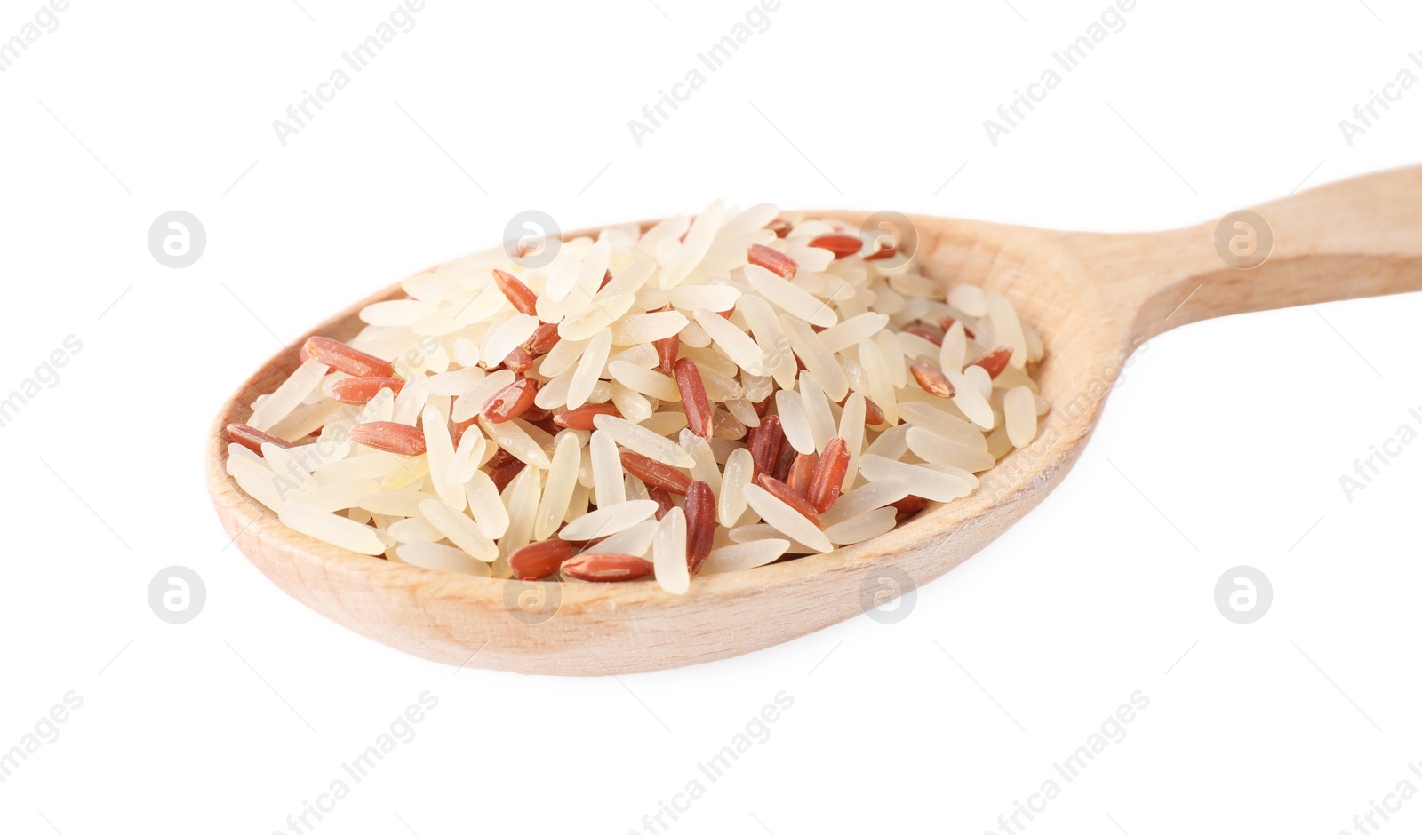 Photo of Mix of brown and polished rice in wooden spoon isolated on white