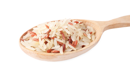 Mix of brown and polished rice in wooden spoon isolated on white