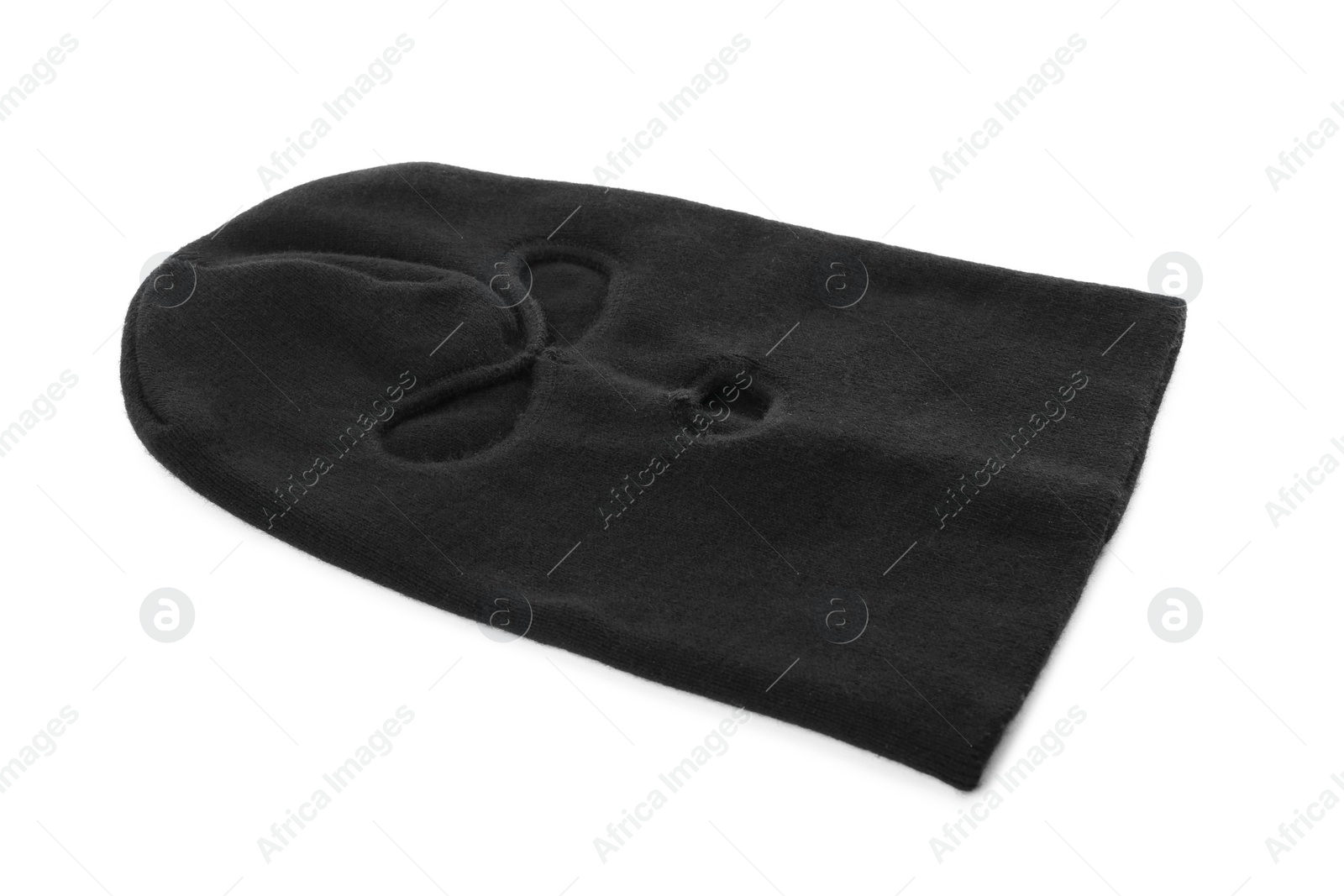 Photo of Black knitted balaclava isolated on white. Cloth headwear