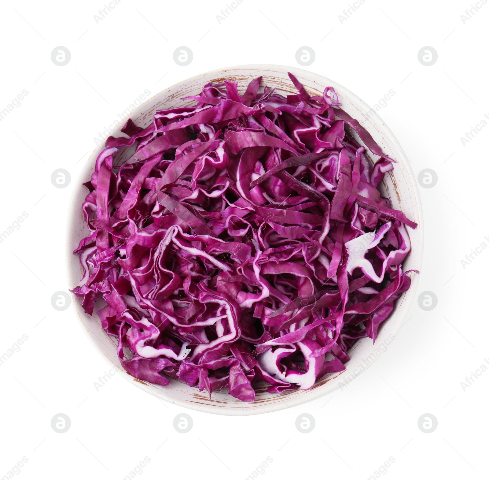 Photo of Bowl with shredded red cabbage isolated on white, top view