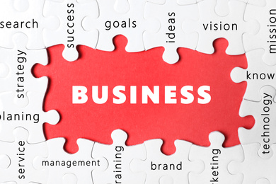 Image of Business concept. White puzzle pieces with different phrases on red background, top view 