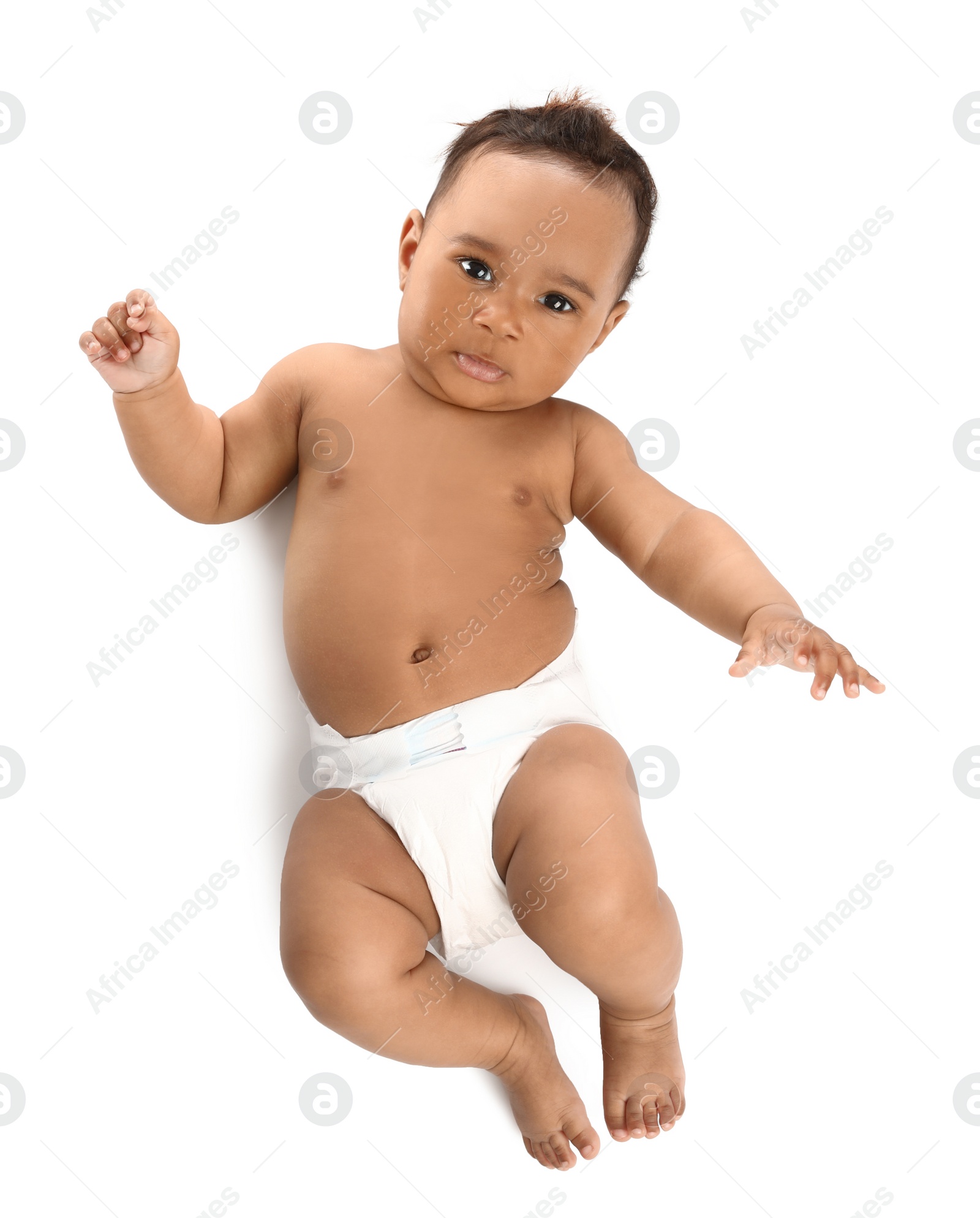 Photo of Adorable African-American baby in diaper on white background, top view