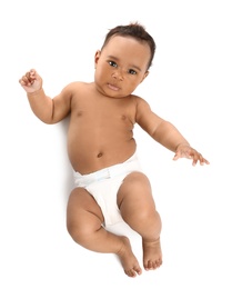 Adorable African-American baby in diaper on white background, top view