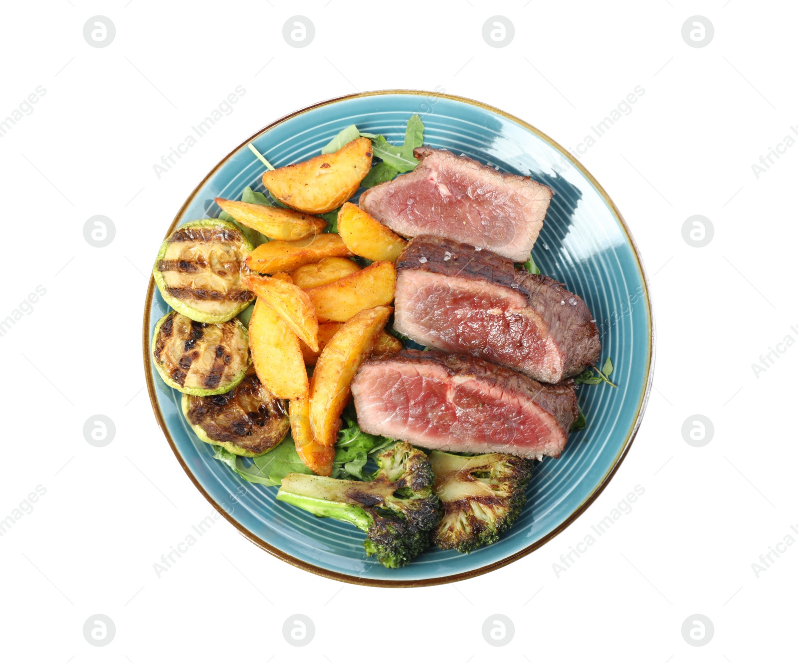 Photo of Delicious beef steak served with vegetables and fried potatoes isolated on white, top view