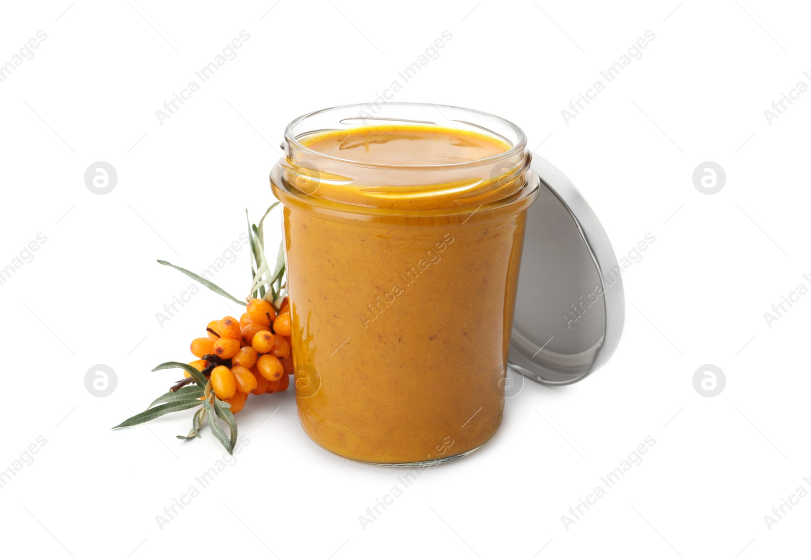 Photo of Delicious sea buckthorn jam in jar and fresh berries on white background