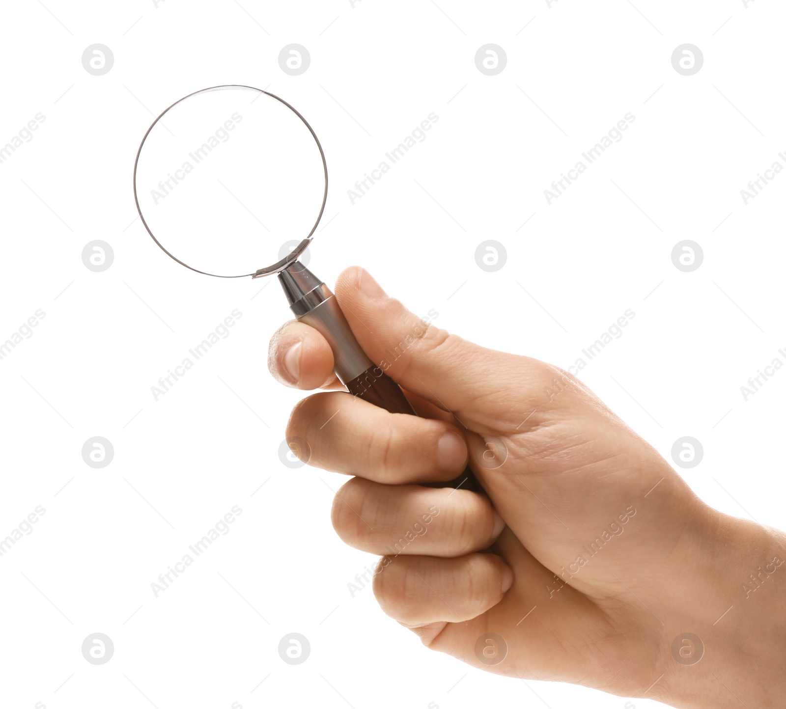 Photo of Woman holding magnifying glass on white background, closeup