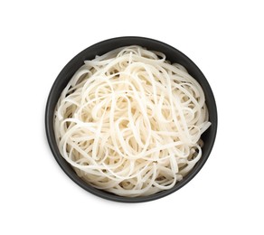 Photo of Bowl of tasty cooked rice noodles isolated on white, top view